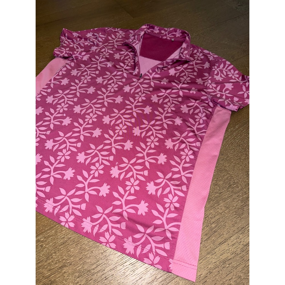 Adidas Womens Golf Polo Shirt Pink Floral Quarter Zip Mesh Panel XL - Picture 3 of 5